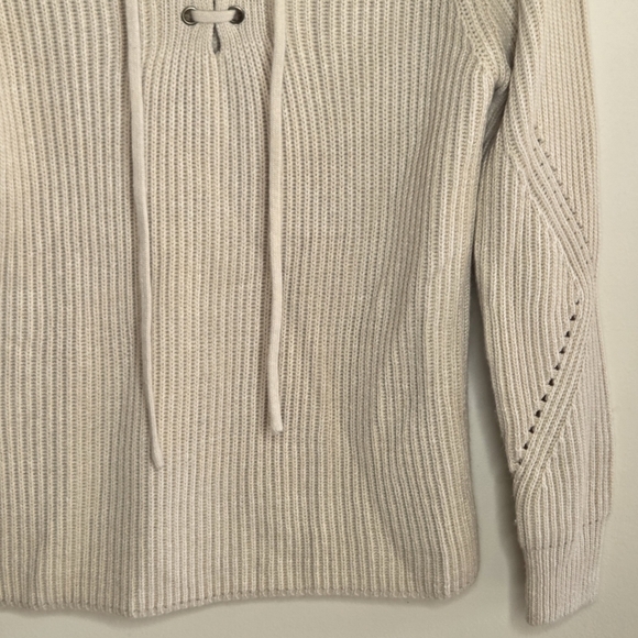 Elodie | Beige Tan Ribbed Lace Up Neckline Sweater Size Medium - Picture 3 of 5
